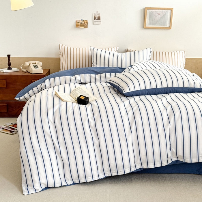 91家纺网 家纺一手货源 找家纺 梦舒羽 2025新款40支13372全棉纯棉简约时尚四件套宿舍三件套 条纹蓝