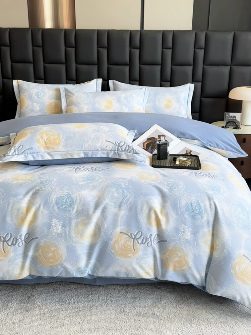 91家纺网 家纺一手货源 找家纺 海洋家纺 2025新款全棉磨毛四件套 花香满园 蓝