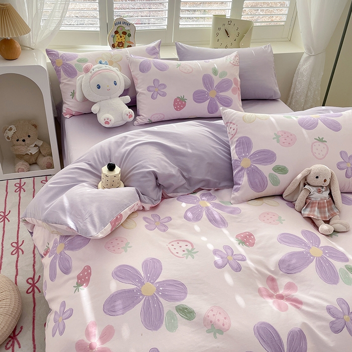 91家纺网 家纺一手货源 找家纺 宜家坊 2025热款全棉四件套学生床三件套单品床单床笠单被套印花小清新卡通碎花纯棉三四件套 泫雅紫