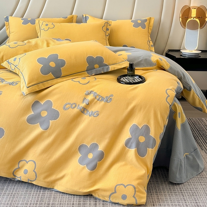 91家纺网 家纺一手货源 找家纺 海洋家纺 2025新款全棉磨毛四件套 花蜜 黄