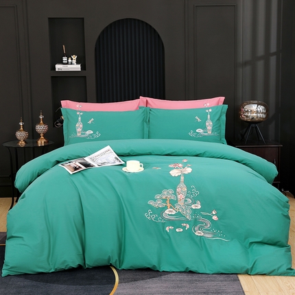 浩情国际婚庆供货中心 2026新品春夏四季款全棉纯棉高端绣花四件套-爱丽莎 爱丽莎-翡翠绿