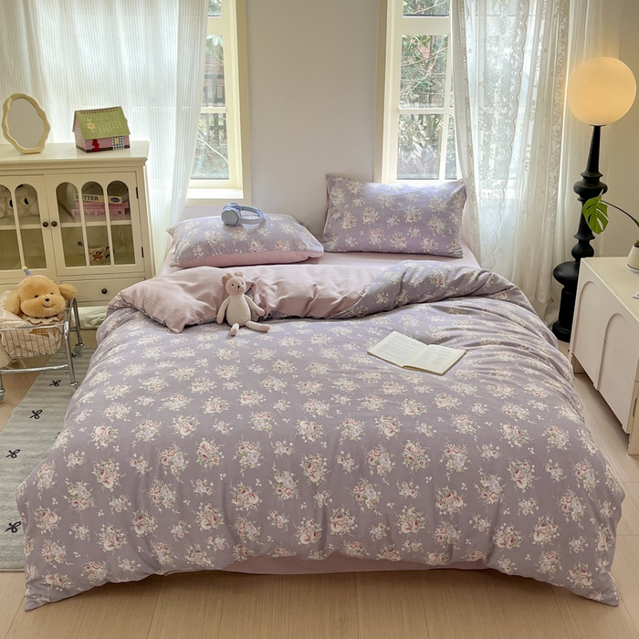 91家纺网 家纺一手货源 找家纺 悦织湾家纺 2025新款A类针织双层纱四件套轻奢时尚床上用品三四件套直播电商热销款 紫萱