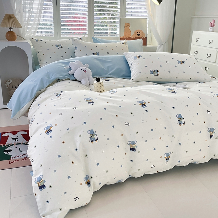 91家纺网 家纺一手货源 找家纺 宜家坊 2025热款全棉四件套学生床三件套单品床单床笠单被套印花小清新卡通碎花纯棉三四件套 波点小象
