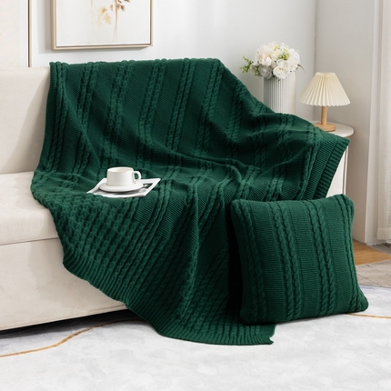 肖恩毯业 2025新款鹿毛绒针织毯纯色素色螺纹镂空苏头北欧毛毯复古沙发毯休闲毯子 墨绿