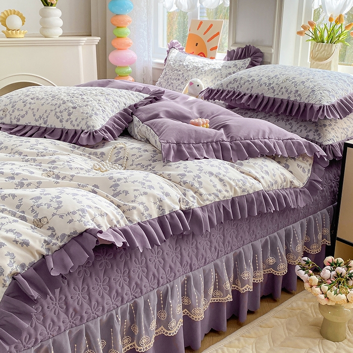 91家纺网 家纺一手货源 找家纺 提花大世界 2025直播热款A类针织棉双层纱夹棉床盖床裙花边单件三件四件套 春日之花