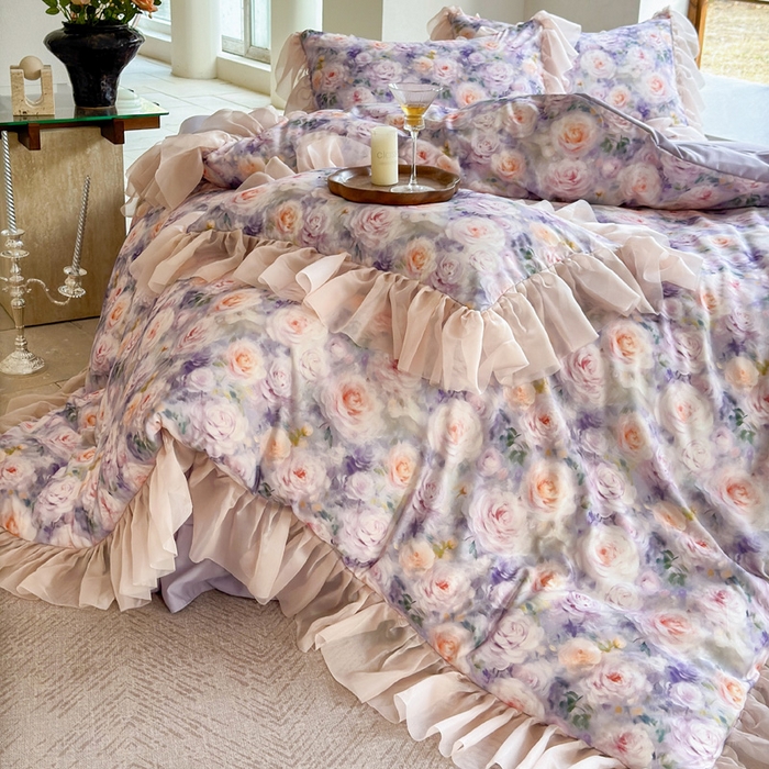 91家纺网 家纺一手货源 找家纺 仟网汇 2025新款韩版棉代尔法式四件套 卡洛琳