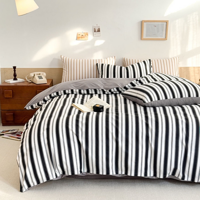 91家纺网 家纺一手货源 找家纺 梦舒羽 2025新款40支13372全棉纯棉简约时尚四件套宿舍三件套 条纹黑