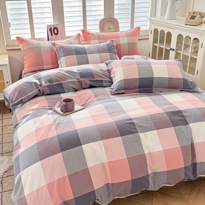 91家纺网 家纺一手货源 找家纺 喜四方 2025新款全棉色织水洗棉四件套 曲奇大格粉