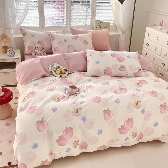 91家纺网 家纺一手货源 找家纺 宜家坊 2025热款全棉四件套学生床三件套单品床单床笠单被套印花小清新卡通碎花纯棉三四件套 蜜桃松鼠