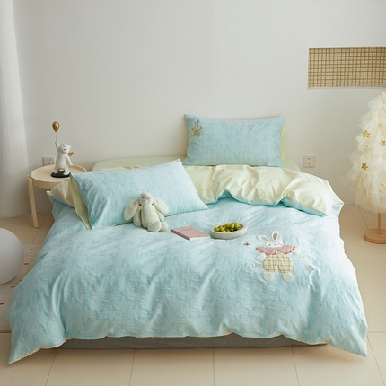怡家居 2025新款色织大提花贴布绣四件套 可爱兔-蓝