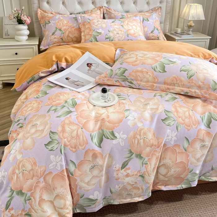 91家纺网 家纺一手货源 找家纺 海洋家纺 2025新款全棉磨毛四件套 富贵满屏 紫