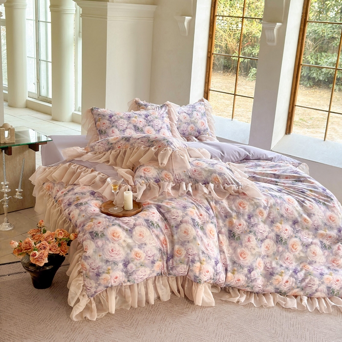 91家纺网 家纺一手货源 找家纺 仟网汇 2025新款韩版棉代尔法式四件套 卡洛琳