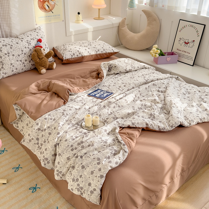 91家纺网 家纺一手货源 找家纺 弗苓家纺 2025 A类有氧针织双层纱夏被四件套直播爆款 摩卡