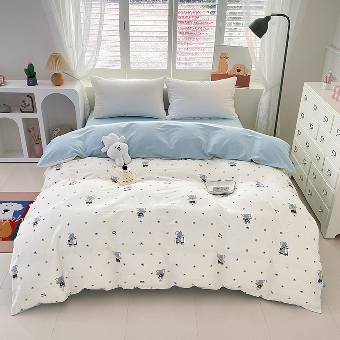 91家纺网 家纺一手货源 找家纺 宜家坊 2025热款全棉四件套学生床三件套单品床单床笠单被套印花小清新卡通碎花纯棉三四件套 波点小象