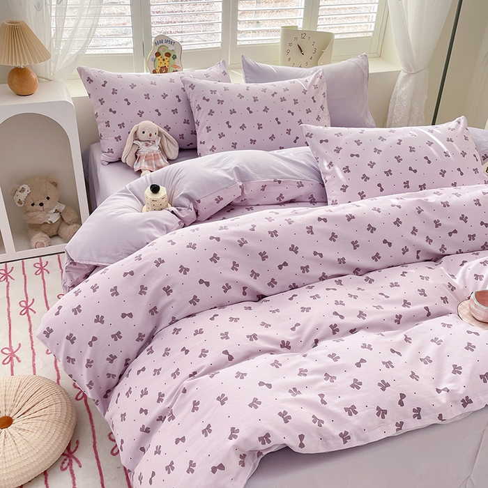91家纺网 家纺一手货源 找家纺 宜家坊 2025全棉13070单被套印花小清新卡通碎花纯棉单品被套枕套（有预缩售后无忧 免费提供买家秀） 紫色蝴蝶结