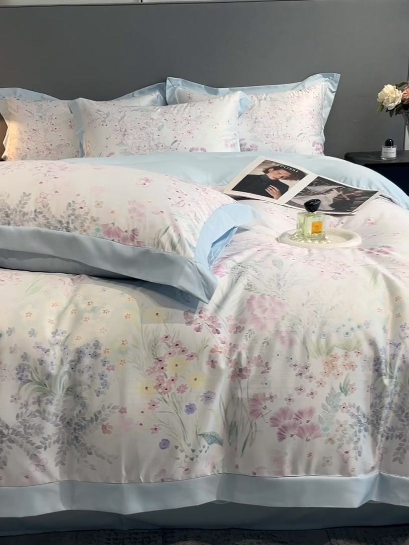 91家纺网 家纺一手货源 找家纺 笙意家纺 2025新款水洗冰丝数码印花宽边四件套 思绪