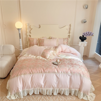 富盛 2025新款水洗亲肤棉浮雕提花公主风四件套 月光恋人-粉