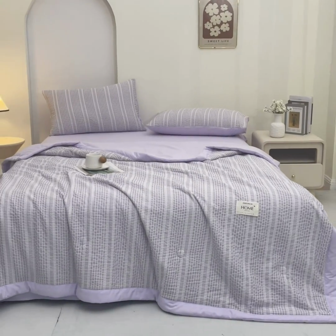 91家纺网 家纺一手货源 找家纺 吾诺 2025 韩式立体提花公主格大豆夏被子被芯夏凉被夏被四件套 公主格-紫