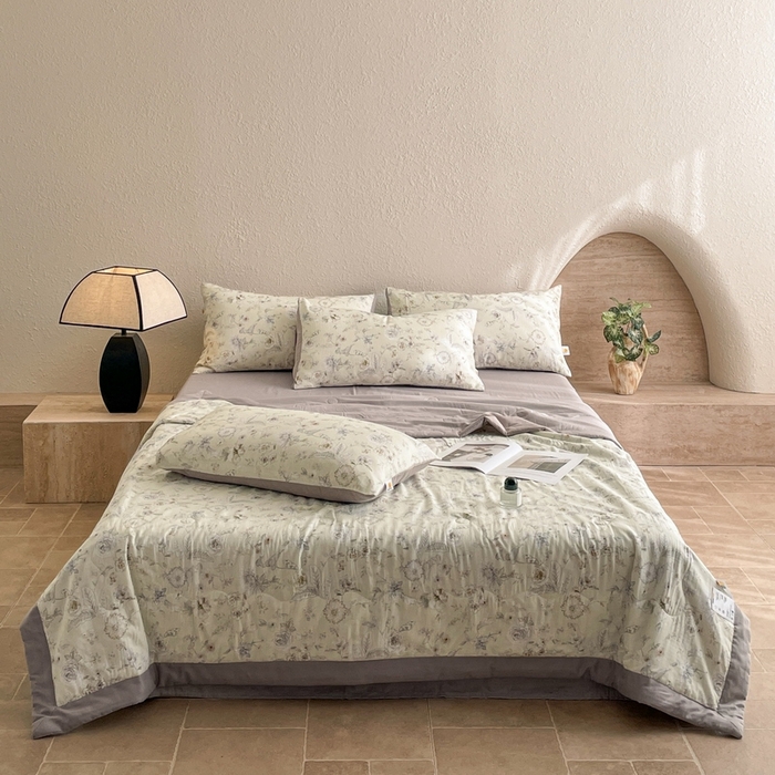 91家纺网 家纺一手货源 找家纺 慕晨 2025新款全棉双层纱四件套莱赛尔夏被莱赛尔夏被四件套天丝夏凉被直播 香清韵-绿