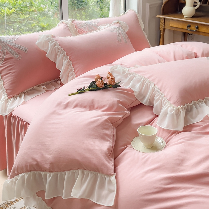 91家纺网 家纺一手货源 找家纺 睡美人 2025韩版全锦棉刺绣公主风蕾丝床裙款四件套-蝶恋花 蝶恋花-蜜桃粉