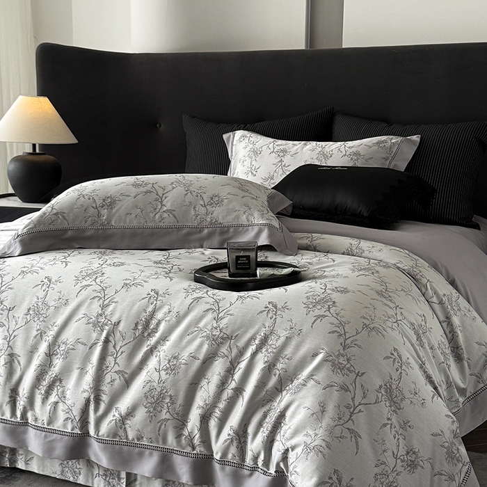 91家纺网 家纺一手货源 找家纺 涞澳家纺 2025新款天丝棉色织提花四件套 莉莲-复合灰