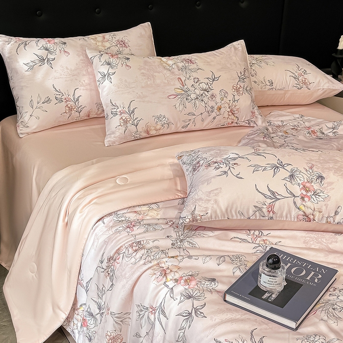 91家纺网 家纺一手货源 找家纺 慕晨 2025春夏新品莱赛尔天丝数码印花四件套莱赛尔夏被四件套天丝夏凉被直播热款 繁华-粉