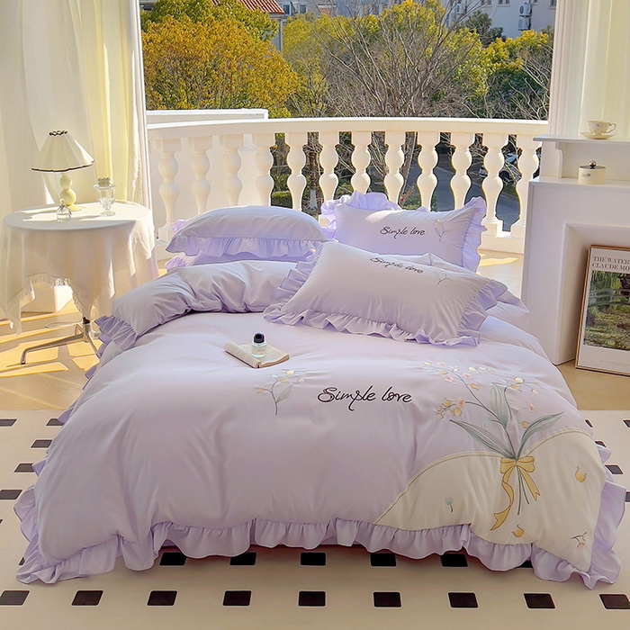 91家纺网 家纺一手货源 找家纺 凯美家居 2025新款超柔亲肤磨毛刺绣花仙子系列四件套 花仙子 浅紫