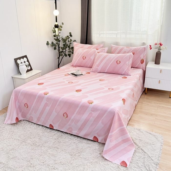 91家纺网 家纺一手货源 找家纺 伊而梦蚊帐 2025新款A类老粗布抗菌床单 大草莓-粉