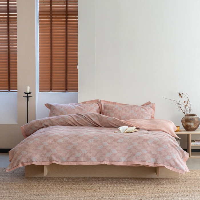 91家纺网 家纺一手货源 找家纺 璞素2025新款全棉色织三层纱四件套 粉色