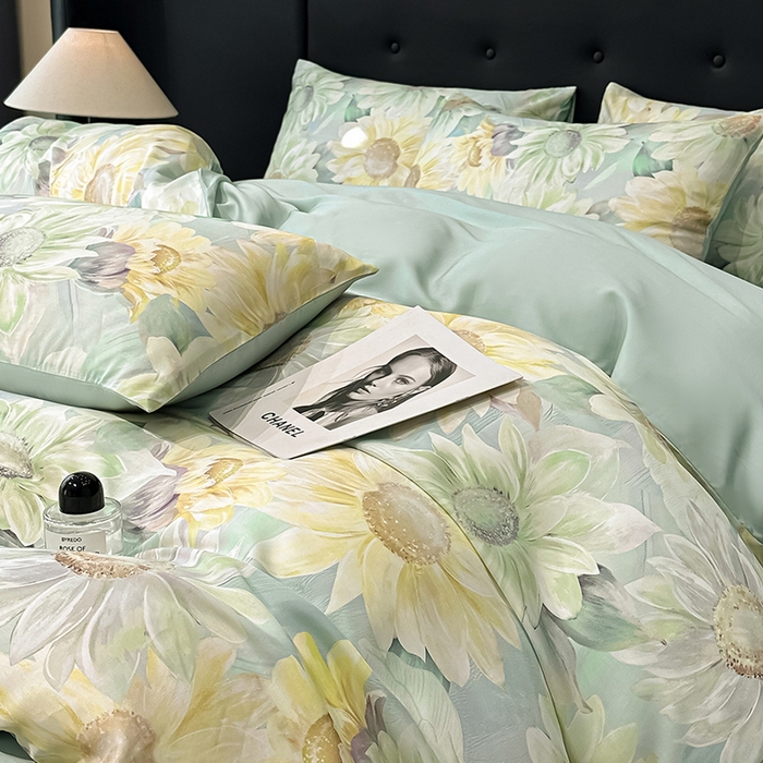 91家纺网 家纺一手货源 找家纺 慕晨 2025春夏新品莱赛尔天丝数码印花四件套莱赛尔夏被四件套天丝夏凉被直播热款 锦葵