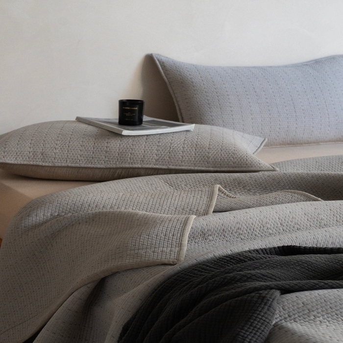 91家纺网 家纺一手货源 找家纺 璞素2025新款全棉色织三层纱床盖三件套-摩卡 摩卡咖