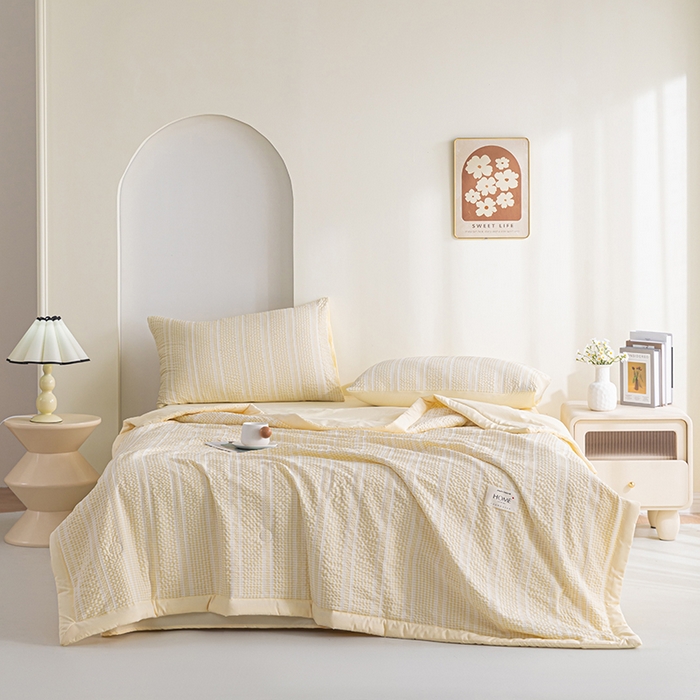 91家纺网 家纺一手货源 找家纺 吾诺 2025 韩式立体提花公主格大豆夏被子被芯夏凉被夏被四件套 公主格-黄