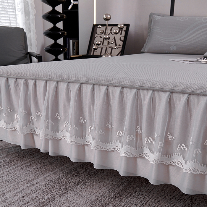 91家纺网 家纺一手货源 找家纺 青雅席业 2025新款7A抗菌母婴级纯乙纶PE刺绣凉感丝豆豆席 床裙款 浪花-灰