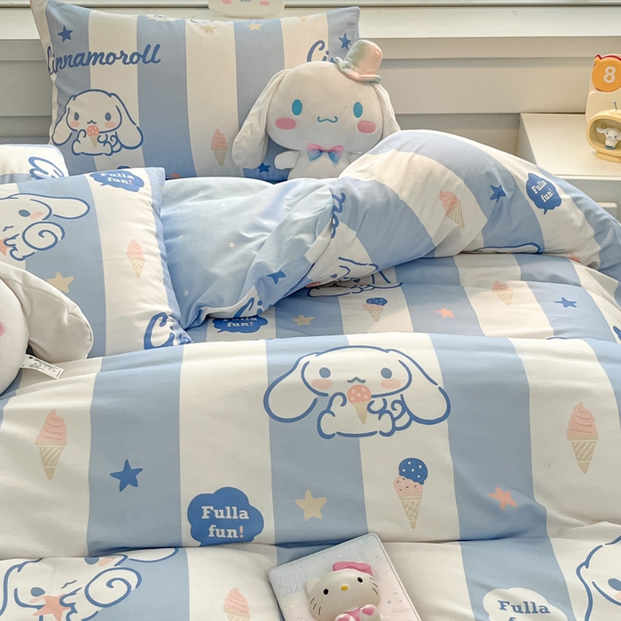 91家纺网 家纺一手货源 找家纺 暮思家居 2025新款正版授权三丽鸥全棉四件套系列四件套 蓝条玉桂狗