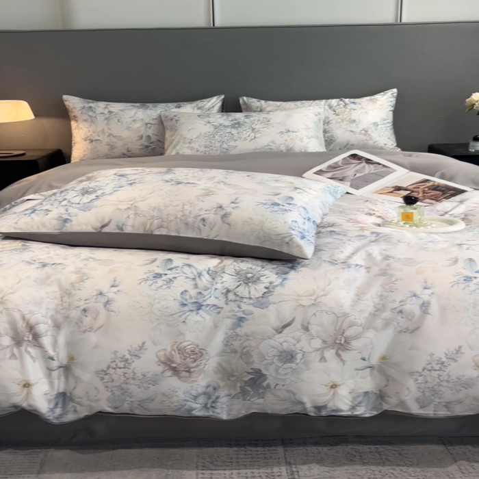 91家纺网 家纺一手货源 找家纺 笙意家纺2025新款水洗冰丝数码印花暗盒款四件套 花韵