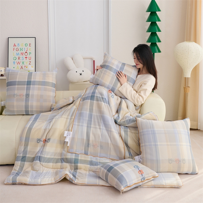 91家纺网 家纺一手货源 找家纺 照世 2025新款凉感丝印花抱枕被 小熊格子