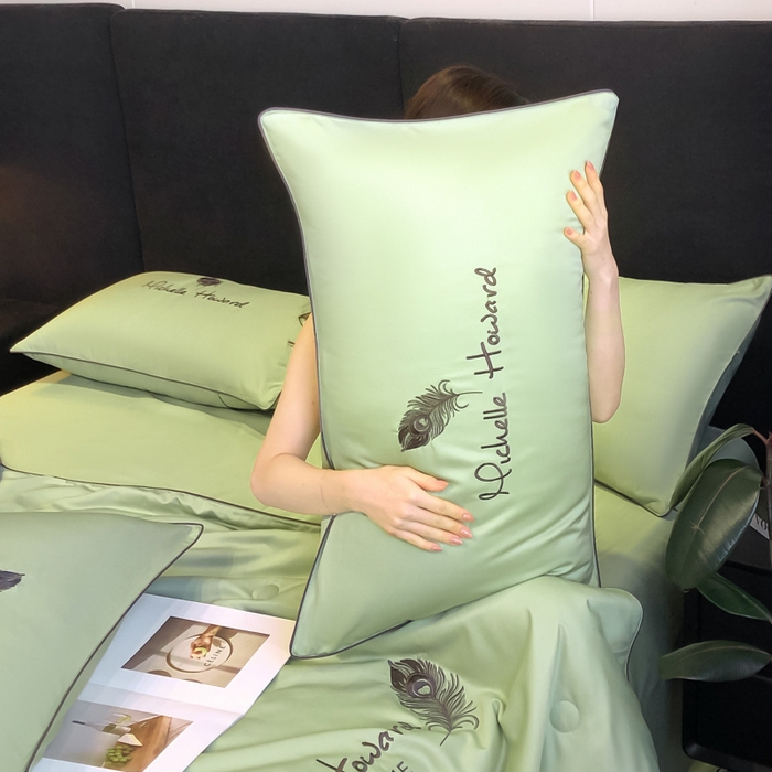 91家纺网 家纺一手货源 找家纺 吾诺 2025 双拼及羽毛刺绣夏被四件套绣花夏被水洗天丝夏被水洗真丝夏凉被空调被 羽毛-果绿