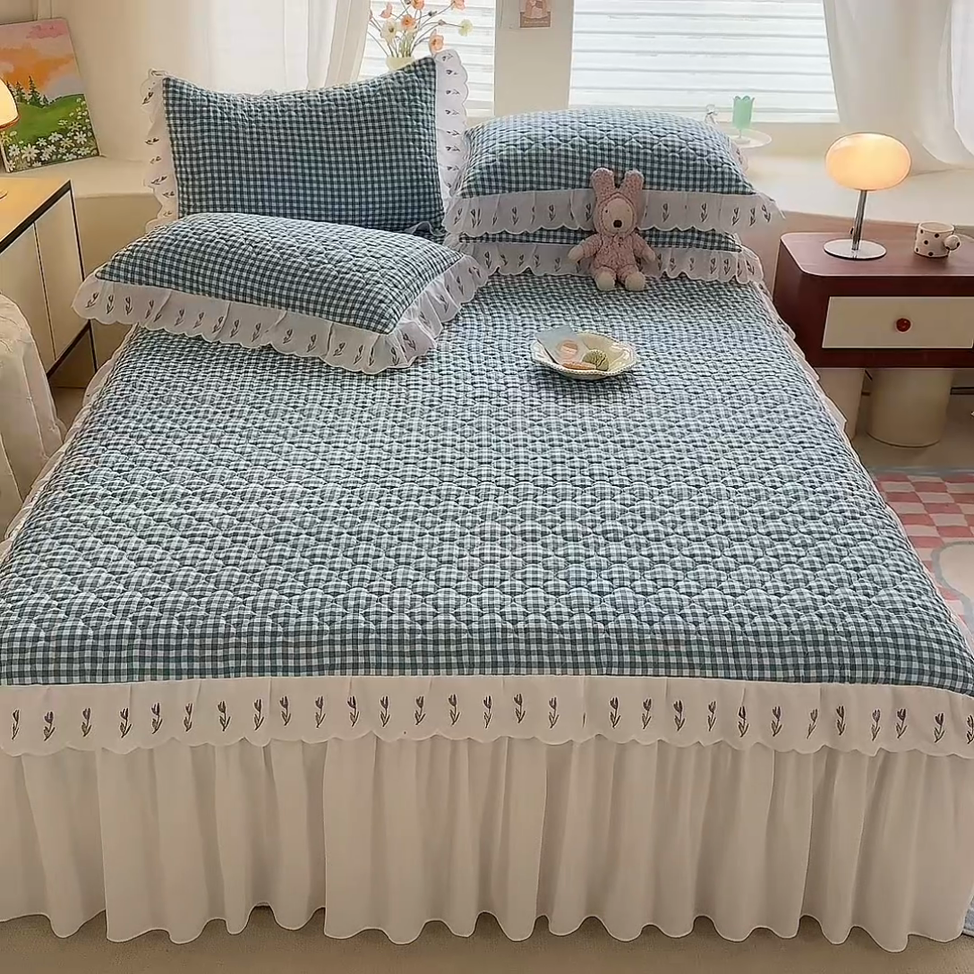 91家纺网 家纺一手货源 找家纺 （总）金盛皇朝家纺 2025新款格子空间水洗棉床裙