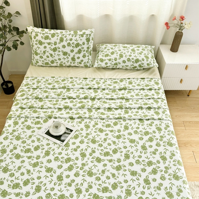 91家纺网 家纺一手货源 找家纺 伊而梦蚊帐 2025新款A类老粗布抗菌床单 剪影花-绿