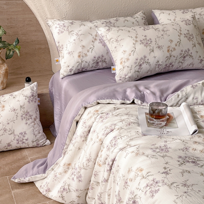 91家纺网 家纺一手货源 找家纺 慕晨 2025新款全棉双层纱四件套莱赛尔夏被莱赛尔夏被四件套天丝夏凉被直播 沫香