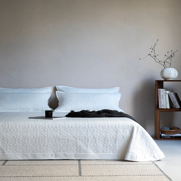 91家纺网 家纺一手货源 找家纺 （总）璞素2025新款全棉色织三层纱床盖三件套-落雪