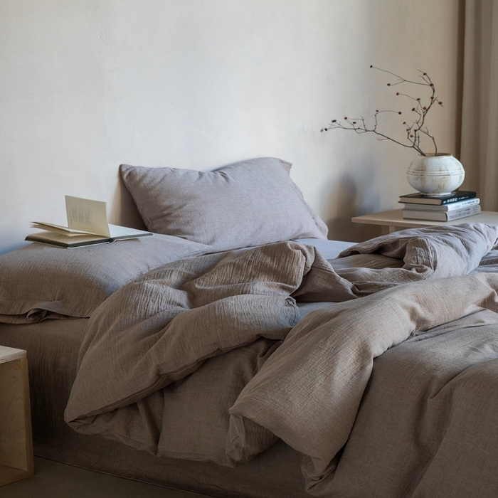 91家纺网 家纺一手货源 找家纺 璞素2025新款全棉色织三层纱四件套-素简 咖色