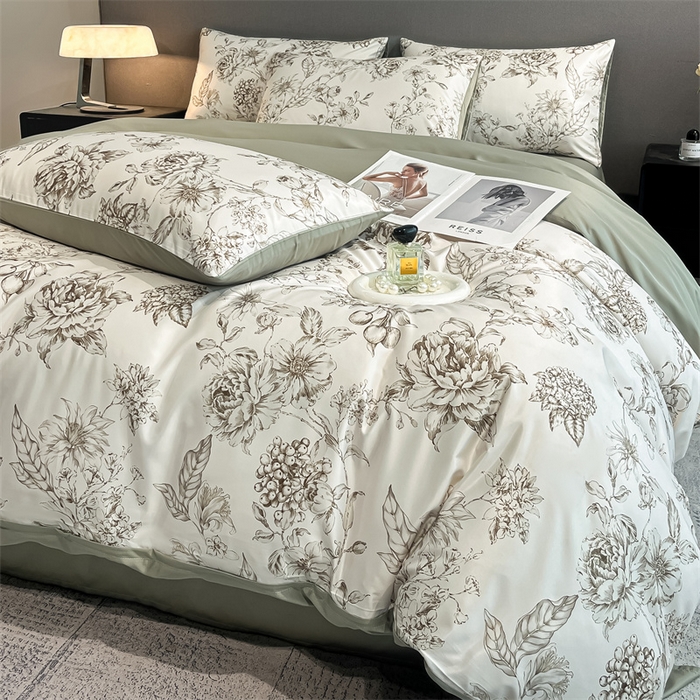 91家纺网 家纺一手货源 找家纺 笙意家纺2025新款水洗冰丝数码印花暗盒款四件套 清颜