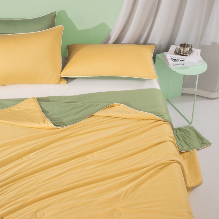 91家纺网 家纺一手货源 找家纺 吾诺 2025 针织棉夏被双拼色大豆夏被子被芯夏凉被空调被 杏黄-豆绿