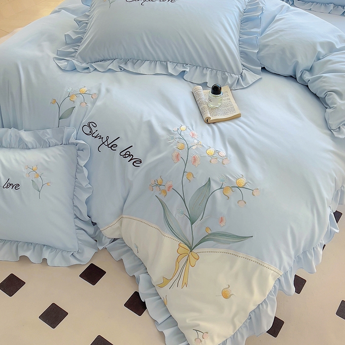 91家纺网 家纺一手货源 找家纺 凯美家居 2025新款超柔亲肤磨毛刺绣花仙子系列四件套 花仙子 浅蓝