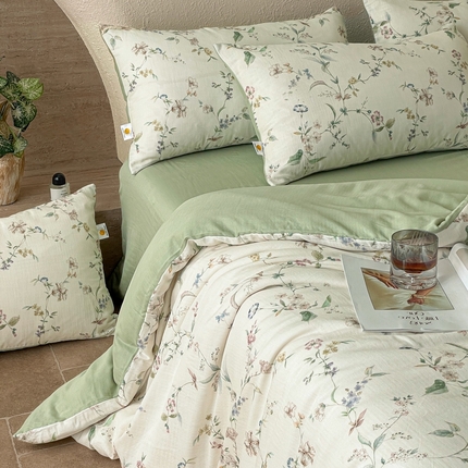 慕晨 2025新款全棉双层纱四件套莱赛尔夏被莱赛尔夏被四件套天丝夏凉被直播 云绣梦境-绿