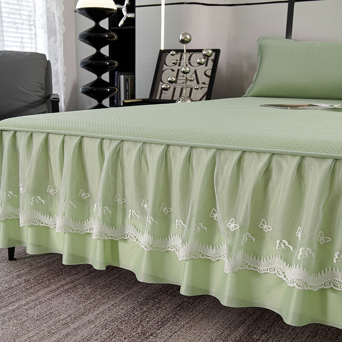 91家纺网 家纺一手货源 找家纺 青雅席业 2025新款7A抗菌母婴级纯乙纶PE刺绣凉感丝豆豆席 床裙款 浪花-水绿