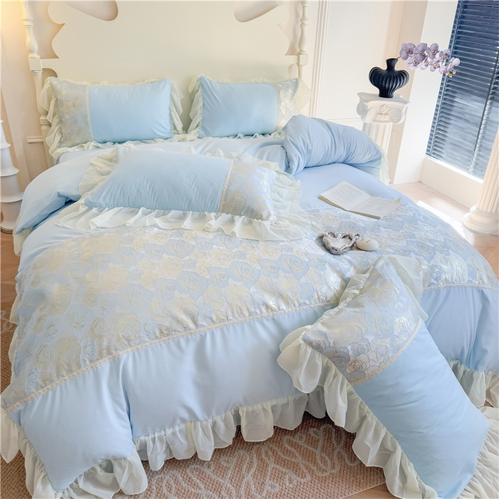 91家纺网 家纺一手货源 找家纺 富盛 2025新款水洗亲肤棉浮雕提花公主风四件套 月光恋人-蓝