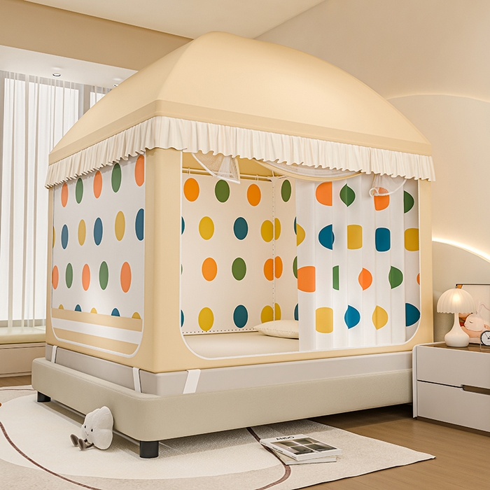 91家纺网 家纺一手货源 找家纺 冉美家纺 2025新款屋顶式遮光防尘防摔蚊帐 多彩点点-香槟