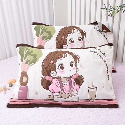 2025新款全棉八层纱枕巾情侣枕巾 奶茶姑娘